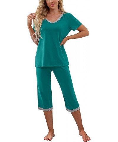 Women's Pajama Set Short Sleeve Shirt and Capri Pants Sleepwear Pjs Sets with Pockets Dark Lake Blue $14.00 Sleep & Lounge