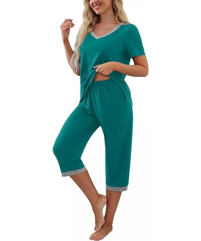 Women's Pajama Set Short Sleeve Shirt and Capri Pants Sleepwear Pjs Sets with Pockets Dark Lake Blue $14.00 Sleep & Lounge