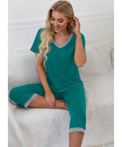 Women's Pajama Set Short Sleeve Shirt and Capri Pants Sleepwear Pjs Sets with Pockets Dark Lake Blue $14.00 Sleep & Lounge