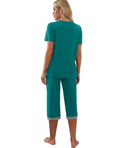 Women's Pajama Set Short Sleeve Shirt and Capri Pants Sleepwear Pjs Sets with Pockets Dark Lake Blue $14.00 Sleep & Lounge