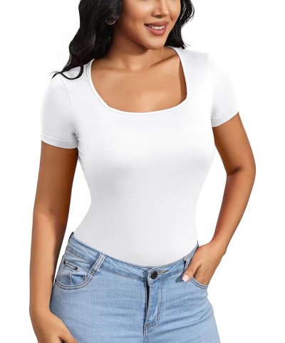 Womens T Shirts Square Neck Short Sleeve Shirts Slim Fit Cute Basic Summer Tops White $10.00 T-Shirts