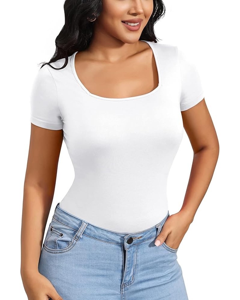 Womens T Shirts Square Neck Short Sleeve Shirts Slim Fit Cute Basic Summer Tops White $10.00 T-Shirts