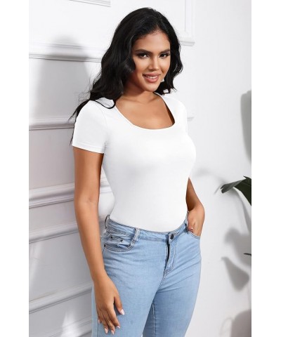 Womens T Shirts Square Neck Short Sleeve Shirts Slim Fit Cute Basic Summer Tops White $10.00 T-Shirts