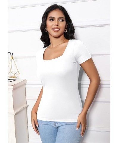 Womens T Shirts Square Neck Short Sleeve Shirts Slim Fit Cute Basic Summer Tops White $10.00 T-Shirts