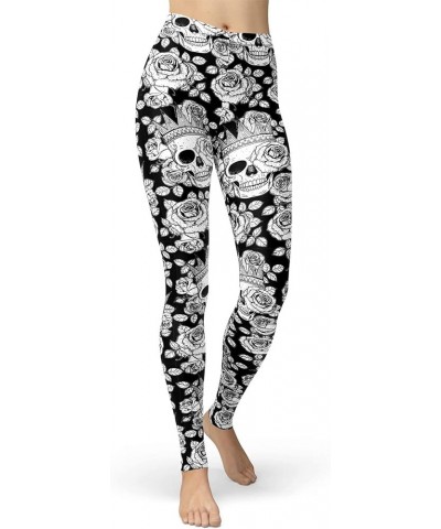 Women's Sugar Skull Leggings Buttery Soft Rose Flower Printed Halloween Stretchy Pants 28 Elastic Waist Full Length Crown Ros...