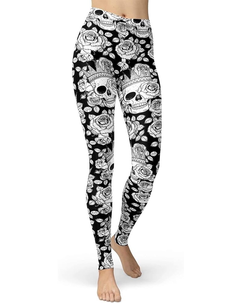 Women's Sugar Skull Leggings Buttery Soft Rose Flower Printed Halloween Stretchy Pants 28 Elastic Waist Full Length Crown Ros...