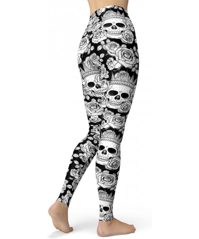 Women's Sugar Skull Leggings Buttery Soft Rose Flower Printed Halloween Stretchy Pants 28 Elastic Waist Full Length Crown Ros...