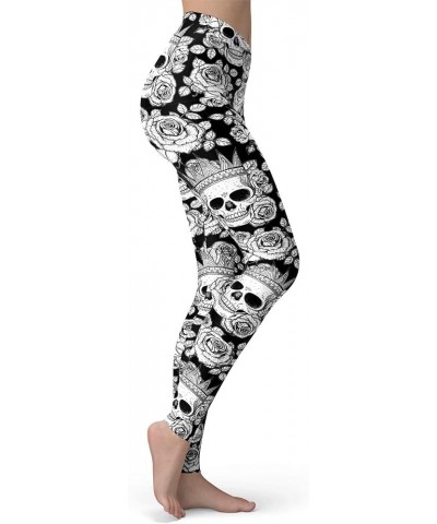 Women's Sugar Skull Leggings Buttery Soft Rose Flower Printed Halloween Stretchy Pants 28 Elastic Waist Full Length Crown Ros...