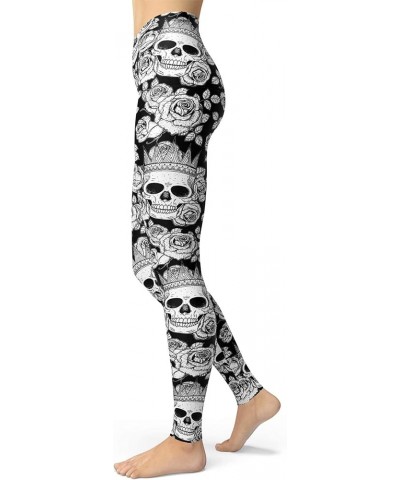 Women's Sugar Skull Leggings Buttery Soft Rose Flower Printed Halloween Stretchy Pants 28 Elastic Waist Full Length Crown Ros...