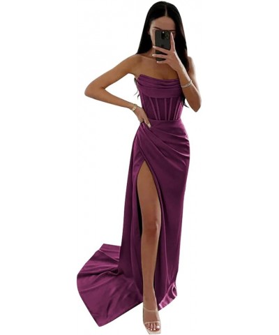 Women's Strapless Prom Dresses Long Satin Bridesmaid Dress with Slit Ruched Formal Evening Corset Gown Plum $29.25 Dresses