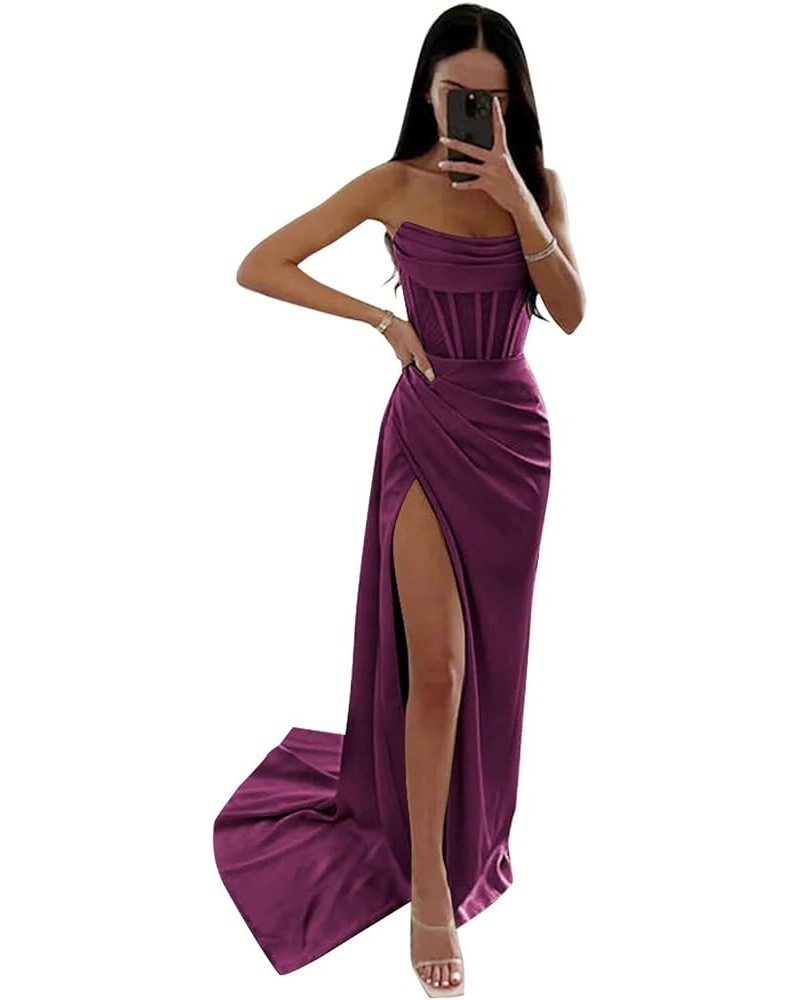 Women's Strapless Prom Dresses Long Satin Bridesmaid Dress with Slit Ruched Formal Evening Corset Gown Plum $29.25 Dresses