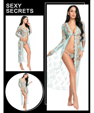 Lingerie for Women Sexy Long Lace Dress Sheer Gown See Through Kimono Robe Light Green $12.87 Sleep & Lounge