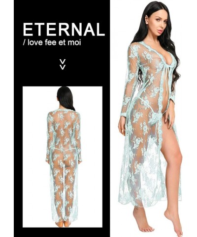 Lingerie for Women Sexy Long Lace Dress Sheer Gown See Through Kimono Robe Light Green $12.87 Sleep & Lounge