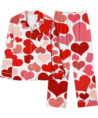 Romantic Heart Print Pajamas for Women Matching Lounge Sets Long Sleeve Button Down Sleepwear Comfy Long Pants Pjs 01 Red $17...