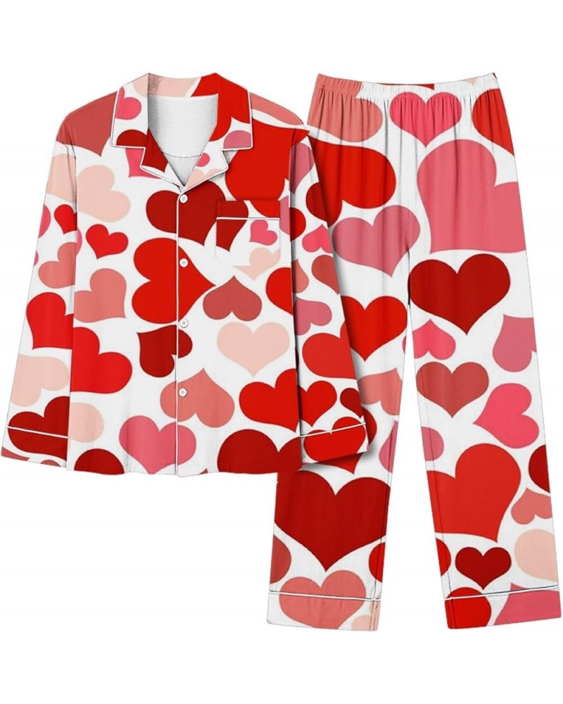 Romantic Heart Print Pajamas for Women Matching Lounge Sets Long Sleeve Button Down Sleepwear Comfy Long Pants Pjs 01 Red $17...