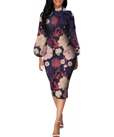 Women's Bishop Sleeve Bodycon Church Dresses Work Casual Floral Print Pencil Midi Dresses E Purple $24.18 Others