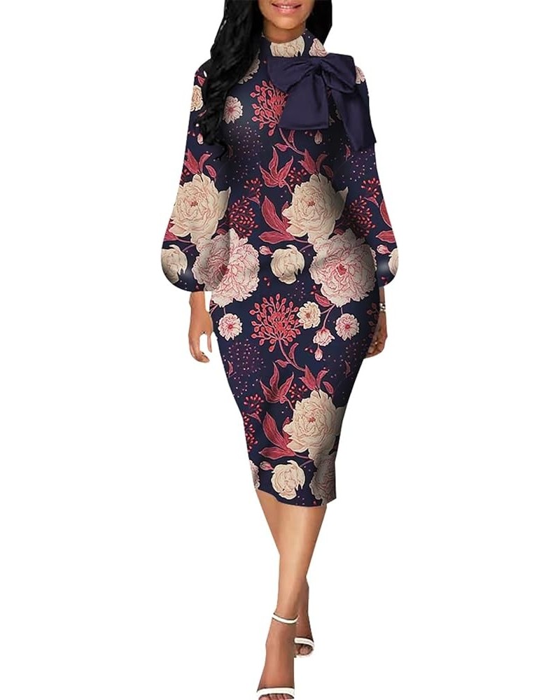 Women's Bishop Sleeve Bodycon Church Dresses Work Casual Floral Print Pencil Midi Dresses E Purple $24.18 Others