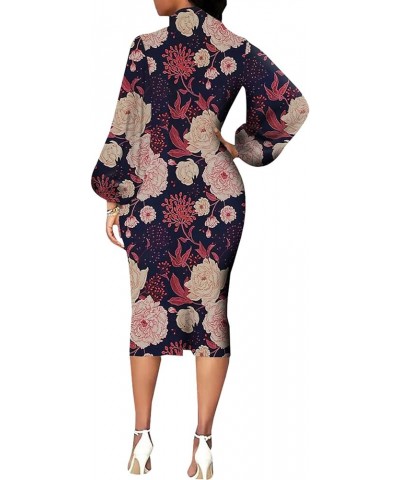 Women's Bishop Sleeve Bodycon Church Dresses Work Casual Floral Print Pencil Midi Dresses E Purple $24.18 Others