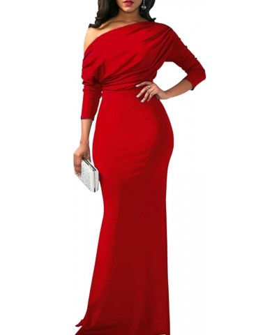 Women Elegant One Off Shoulder Maxi Dresses Long Sleeve Sexy Bodycon Cocktail Long Dress Gown Red $24.38 Dresses