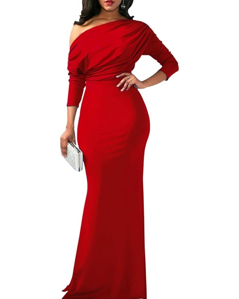 Women Elegant One Off Shoulder Maxi Dresses Long Sleeve Sexy Bodycon Cocktail Long Dress Gown Red $24.38 Dresses