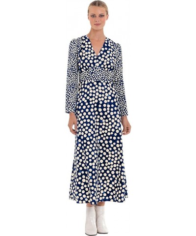 Women's Long Sleeve V-Neck Contrast Print Midi Dress Black/Cobalt Blue $31.46 Dresses