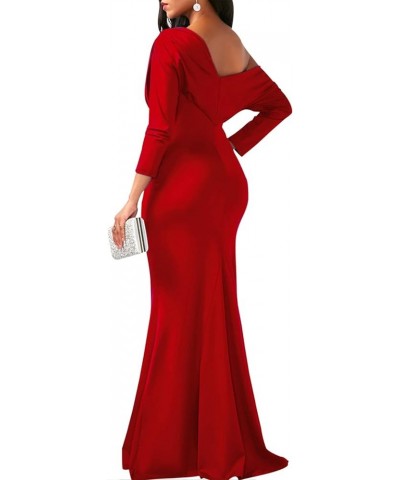 Women Elegant One Off Shoulder Maxi Dresses Long Sleeve Sexy Bodycon Cocktail Long Dress Gown Red $24.38 Dresses