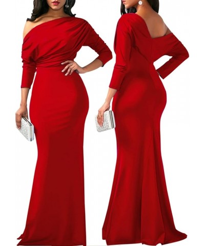 Women Elegant One Off Shoulder Maxi Dresses Long Sleeve Sexy Bodycon Cocktail Long Dress Gown Red $24.38 Dresses