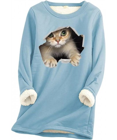 Women's Cute Cat Print Cat Lovers Casual Sweatshirt Sherpa Fleece Lined Warm Crew Neck Long Sleve Pullover Tops Light Blue $1...