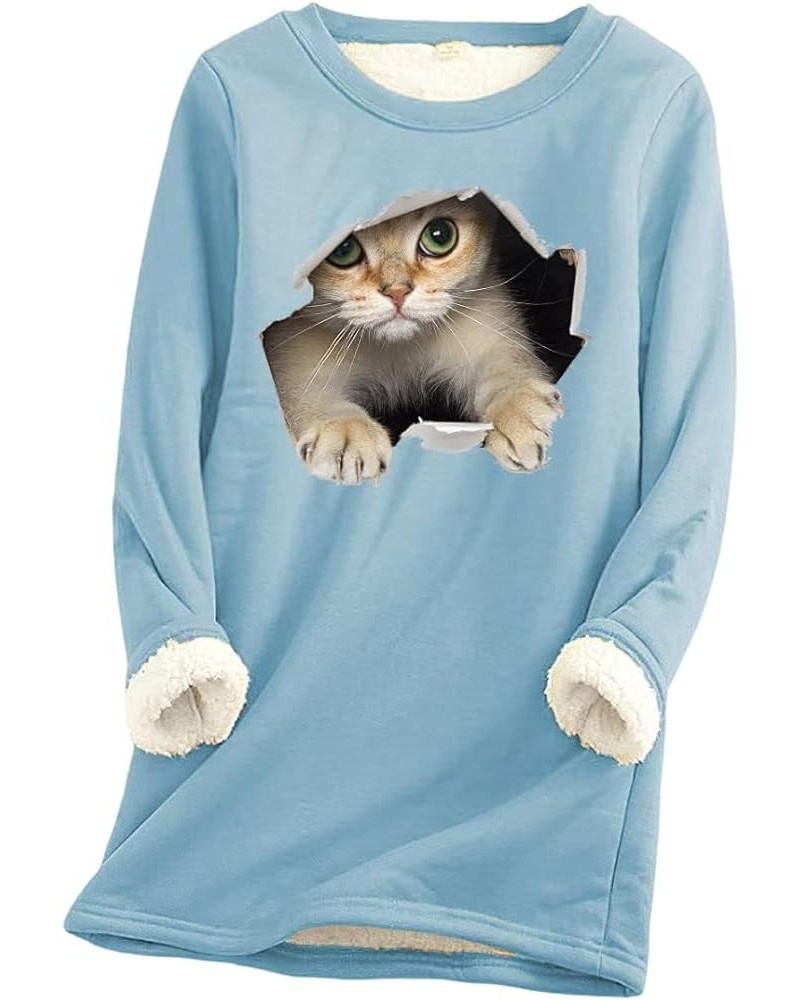 Women's Cute Cat Print Cat Lovers Casual Sweatshirt Sherpa Fleece Lined Warm Crew Neck Long Sleve Pullover Tops Light Blue $1...