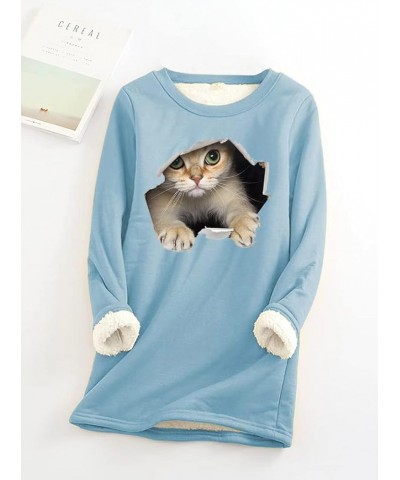 Women's Cute Cat Print Cat Lovers Casual Sweatshirt Sherpa Fleece Lined Warm Crew Neck Long Sleve Pullover Tops Light Blue $1...