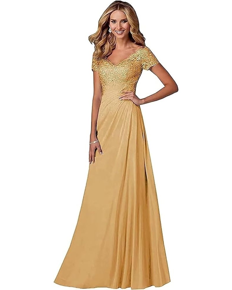 V Neck Appliques Mother of The Bride Dress Long Chiffon Prom Formal Evening Party Dresses for Women with Short Sleeves Gold $...