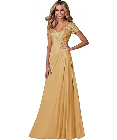 V Neck Appliques Mother of The Bride Dress Long Chiffon Prom Formal Evening Party Dresses for Women with Short Sleeves Gold $...