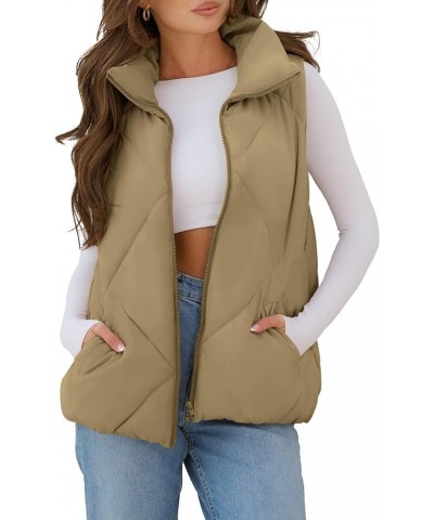 Womens 2024 Puffer Vest Sleeveless Zip Up Quilted Coat Stand Collar Gilet Jacket With Pockets Dark Khaki $19.60 Vests