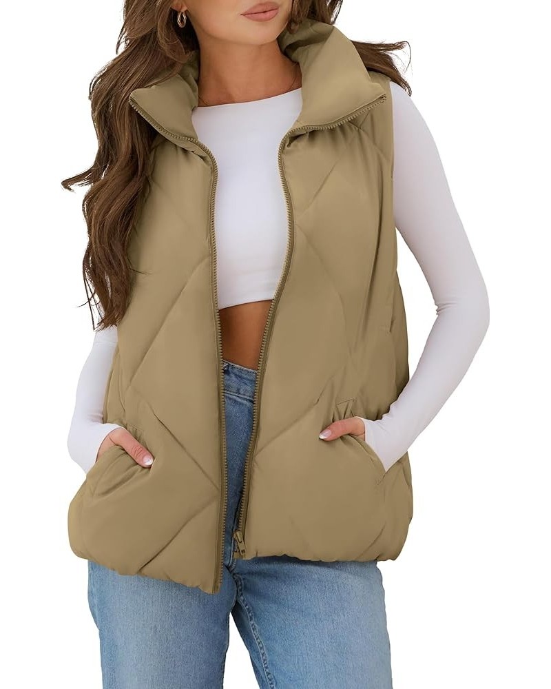 Womens 2024 Puffer Vest Sleeveless Zip Up Quilted Coat Stand Collar Gilet Jacket With Pockets Dark Khaki $19.60 Vests