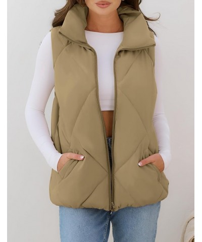 Womens 2024 Puffer Vest Sleeveless Zip Up Quilted Coat Stand Collar Gilet Jacket With Pockets Dark Khaki $19.60 Vests