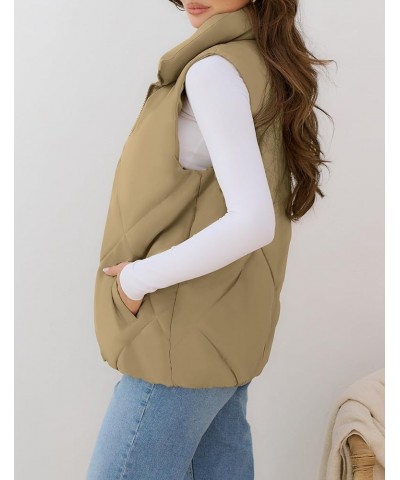 Womens 2024 Puffer Vest Sleeveless Zip Up Quilted Coat Stand Collar Gilet Jacket With Pockets Dark Khaki $19.60 Vests