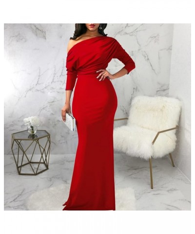 Women Elegant One Off Shoulder Maxi Dresses Long Sleeve Sexy Bodycon Cocktail Long Dress Gown Red $24.38 Dresses