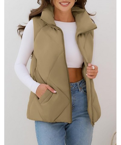 Womens 2024 Puffer Vest Sleeveless Zip Up Quilted Coat Stand Collar Gilet Jacket With Pockets Dark Khaki $19.60 Vests