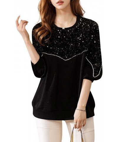 Women's Casual Patchwork Shirt Long Sleeve Pullover Round Neck Blouse Tops 24514 Black $19.37 Tops