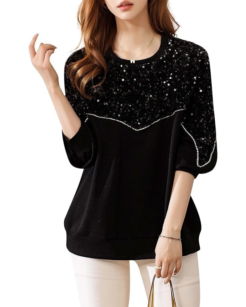 Women's Casual Patchwork Shirt Long Sleeve Pullover Round Neck Blouse Tops 24514 Black $19.37 Tops