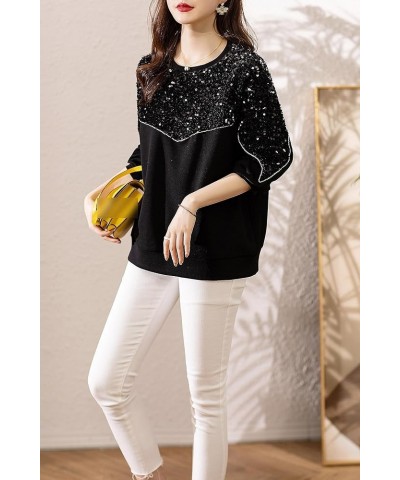 Women's Casual Patchwork Shirt Long Sleeve Pullover Round Neck Blouse Tops 24514 Black $19.37 Tops