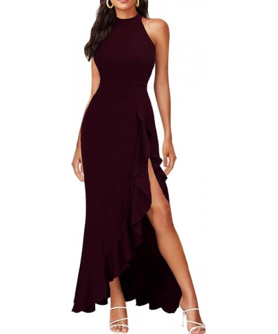 Women's High Neck Split Bodycon Mermaid Evening Cocktail Long Dress 801a-1-4 Burgundy $18.54 Dresses