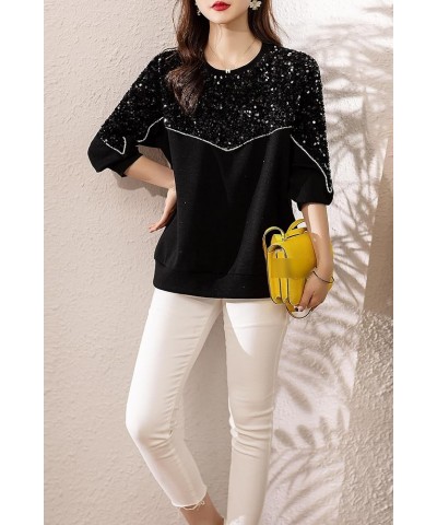 Women's Casual Patchwork Shirt Long Sleeve Pullover Round Neck Blouse Tops 24514 Black $19.37 Tops