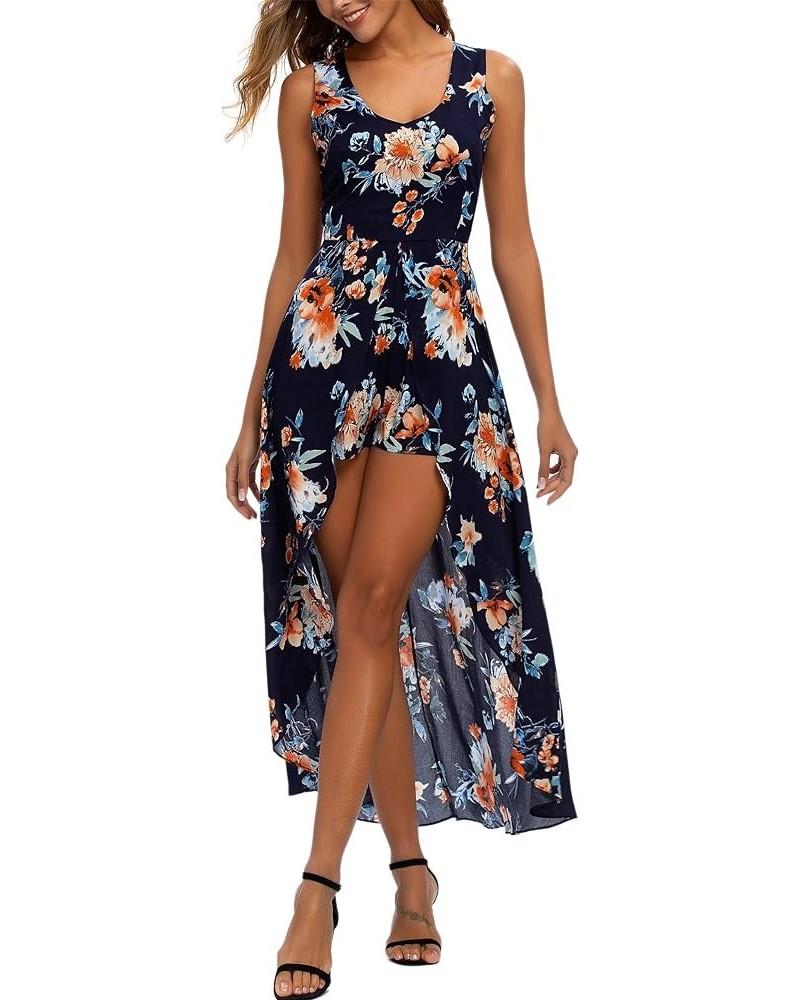 Womens Sleeveless Scoop Neck Floral Rayon Party Split Maxi Romper Dress Blue Floral $17.60 Dresses