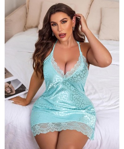 Women Lingerie Plus Size Satin Lace Chemise Nightgown Sexy Full Slips Sleepwear L-4XL Blue Leopard $11.50 Sleep & Lounge