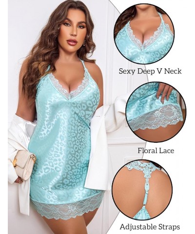 Women Lingerie Plus Size Satin Lace Chemise Nightgown Sexy Full Slips Sleepwear L-4XL Blue Leopard $11.50 Sleep & Lounge