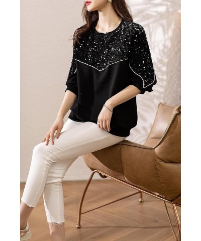 Women's Casual Patchwork Shirt Long Sleeve Pullover Round Neck Blouse Tops 24514 Black $19.37 Tops