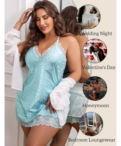 Women Lingerie Plus Size Satin Lace Chemise Nightgown Sexy Full Slips Sleepwear L-4XL Blue Leopard $11.50 Sleep & Lounge