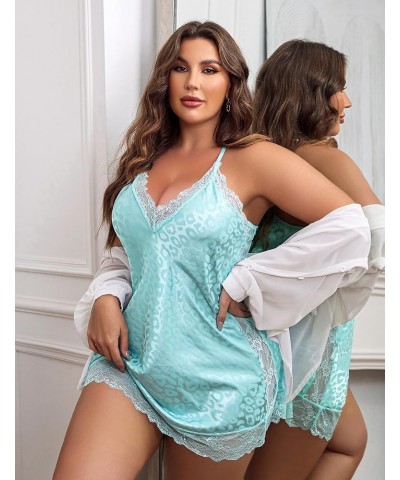 Women Lingerie Plus Size Satin Lace Chemise Nightgown Sexy Full Slips Sleepwear L-4XL Blue Leopard $11.50 Sleep & Lounge