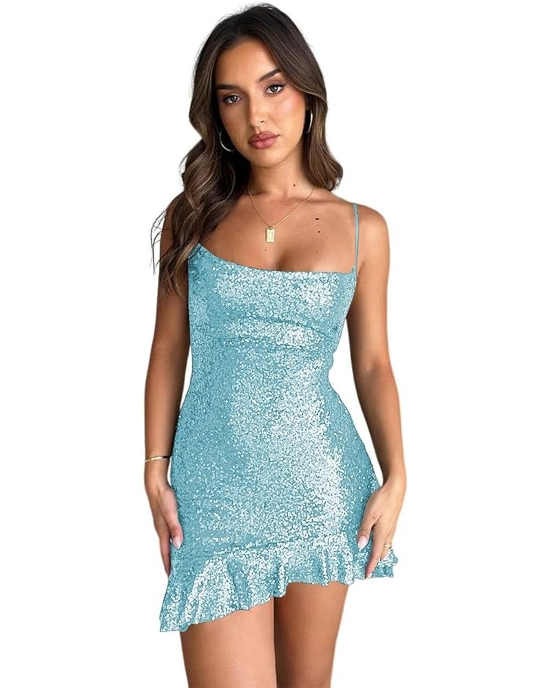 Halter Sequin Homecoming Dress Short Backless Cocktail Party Dresses for Women CYM204 B-sky Blue $22.14 Dresses